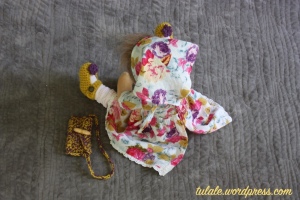 Natural clothes for Waldorf doll: Dress and shawl on hair in flowers, crocheted shoes and handbag by Tulale